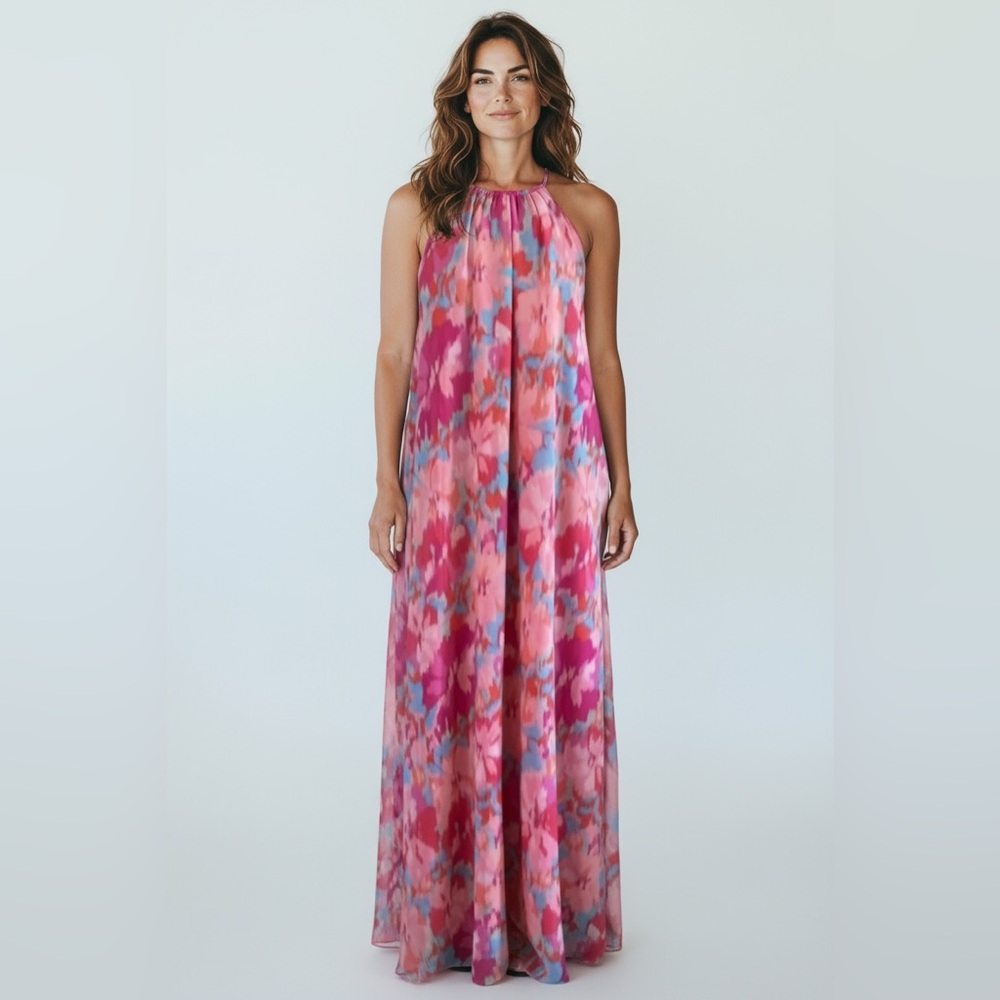 Pink Lily Halter Dress Pink Watercolor Maxi Dress Size S